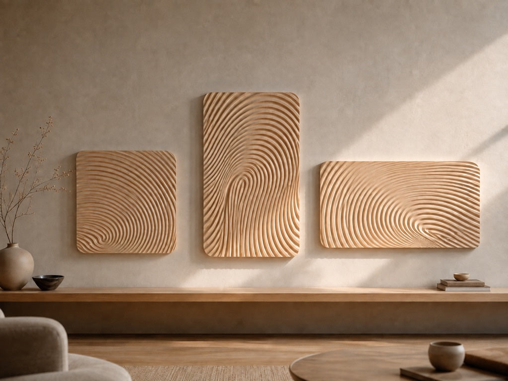 Three ORIGIN reliefs in a calm, lived-in interior